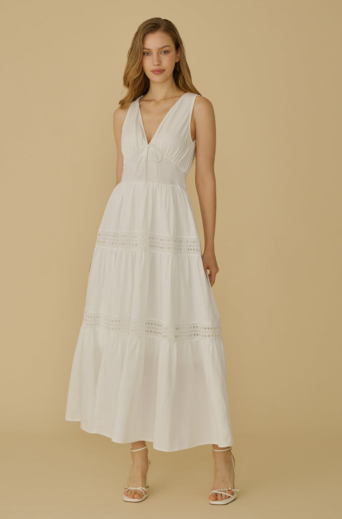 V neck linen lace maxi dress