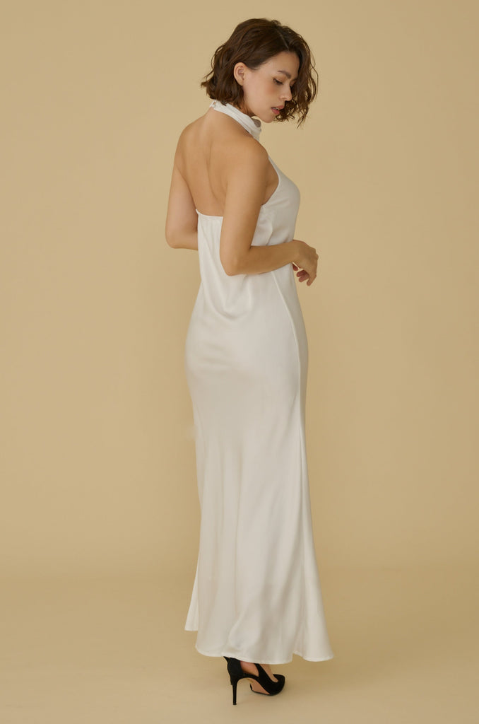 Dolly halter silky maxi gown in white