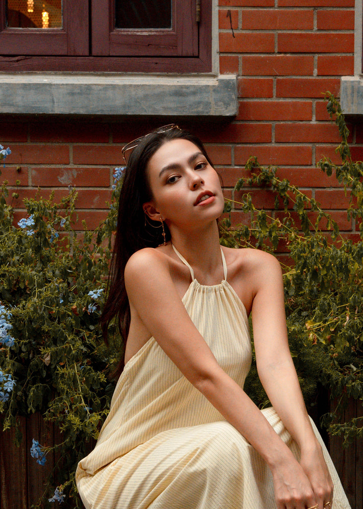 Girls date halter maxi dress in butter yellow