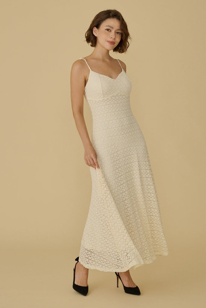 Special made floral elastic lace maxi dress in beige