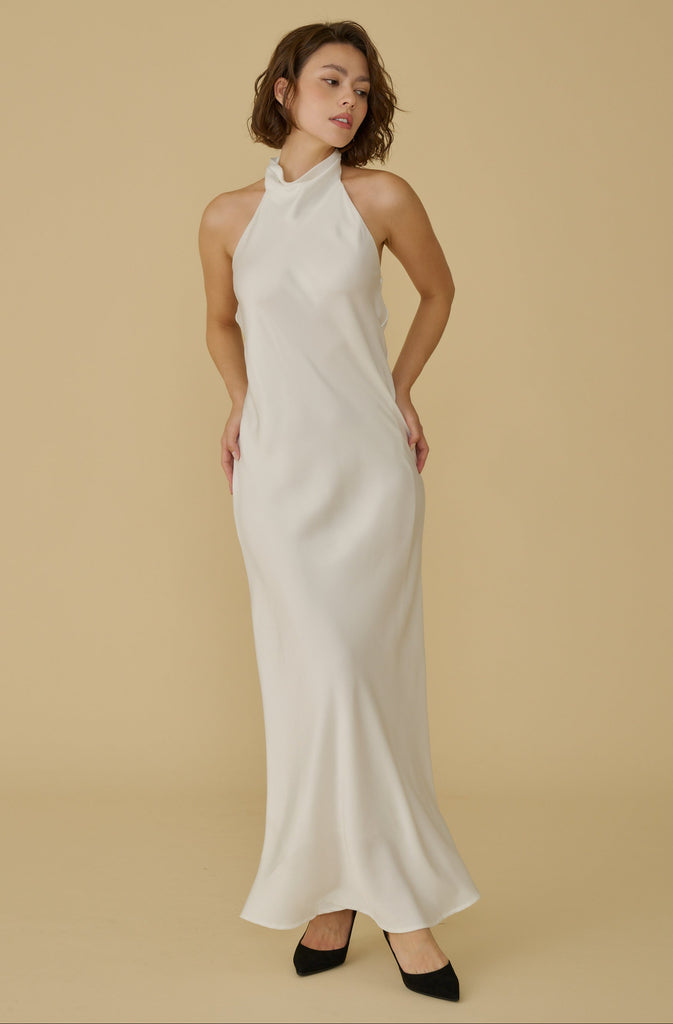 Dolly halter silky maxi gown in white
