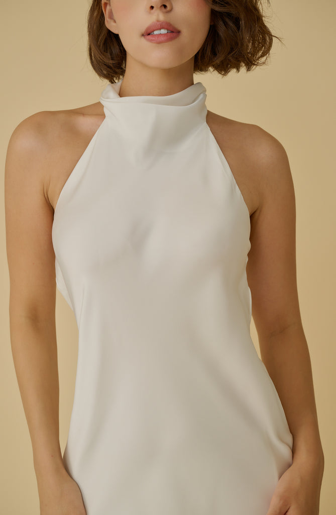 Dolly halter silky maxi gown in white