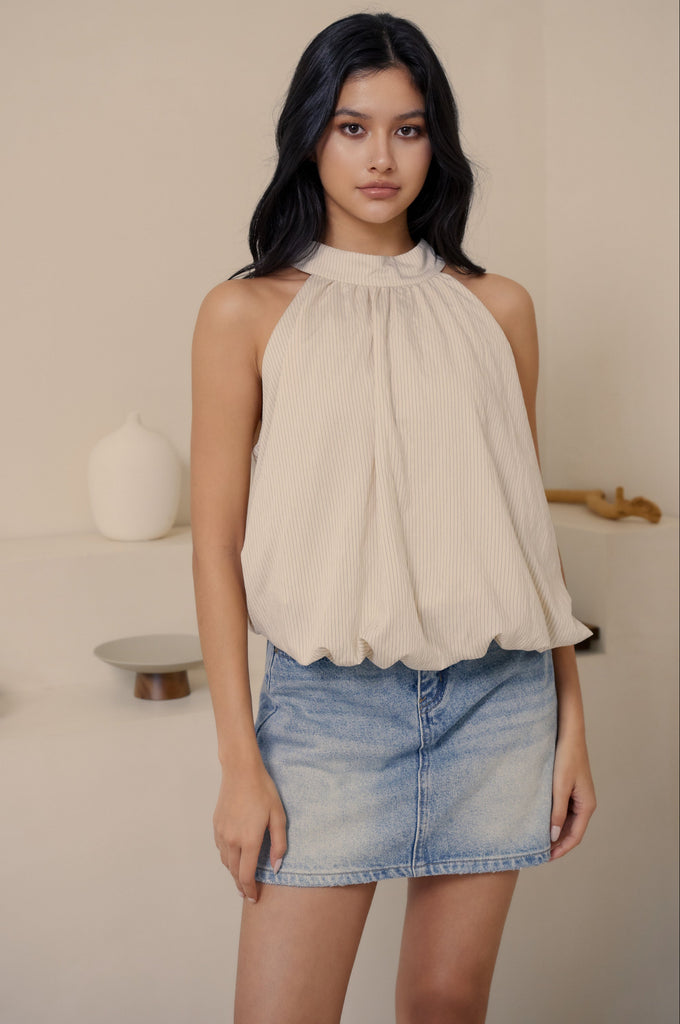 More than perfect bubble halter top in beige