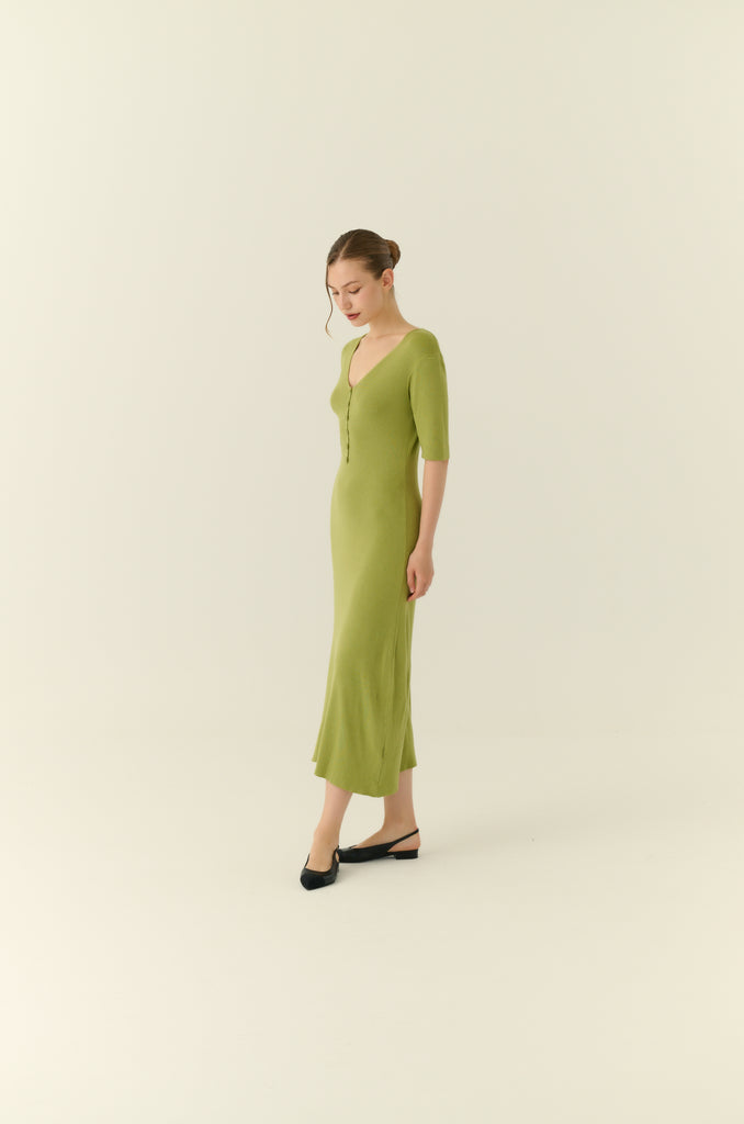 Soft touch button down knit dress in green