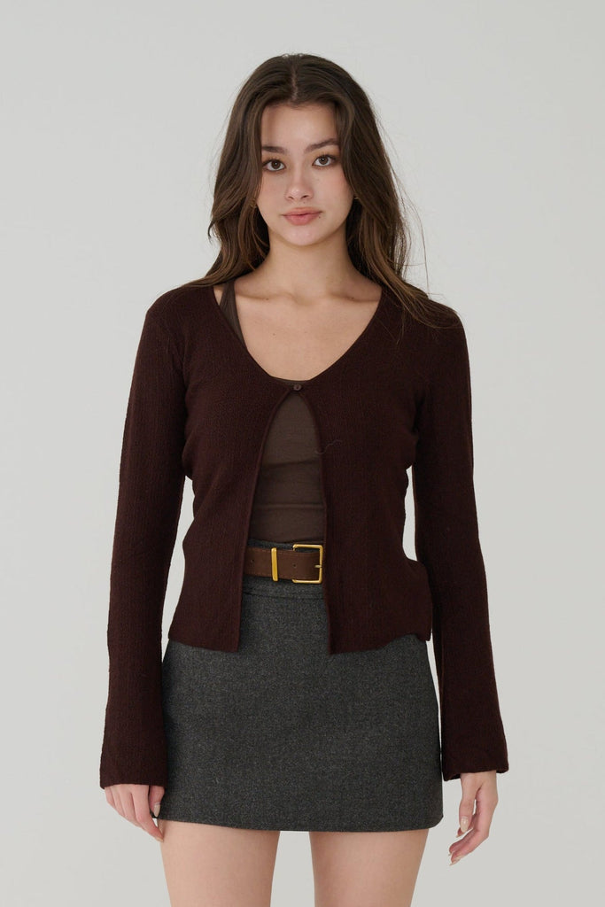 One button cardigan knit top in Brown