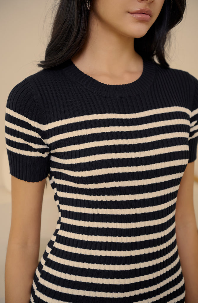 New women stripe knit dress in black