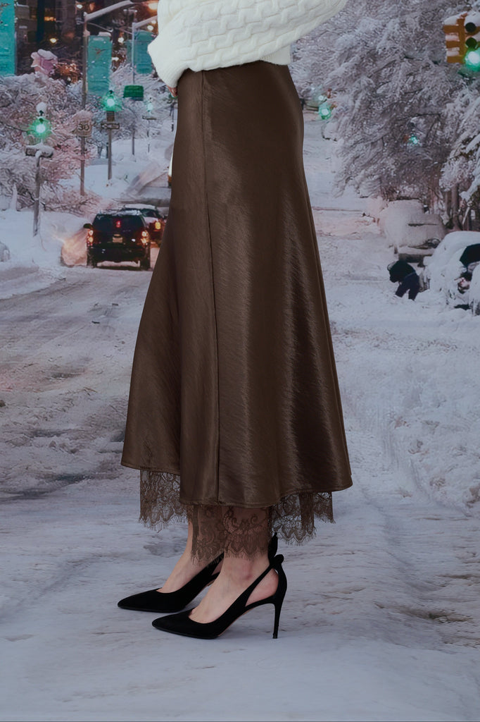 Ball gown lace layer satin skirt in black/brown