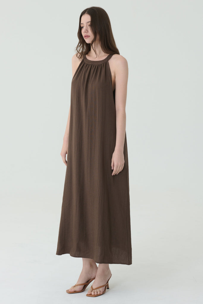 Angelina linen a line dress brown/Black
