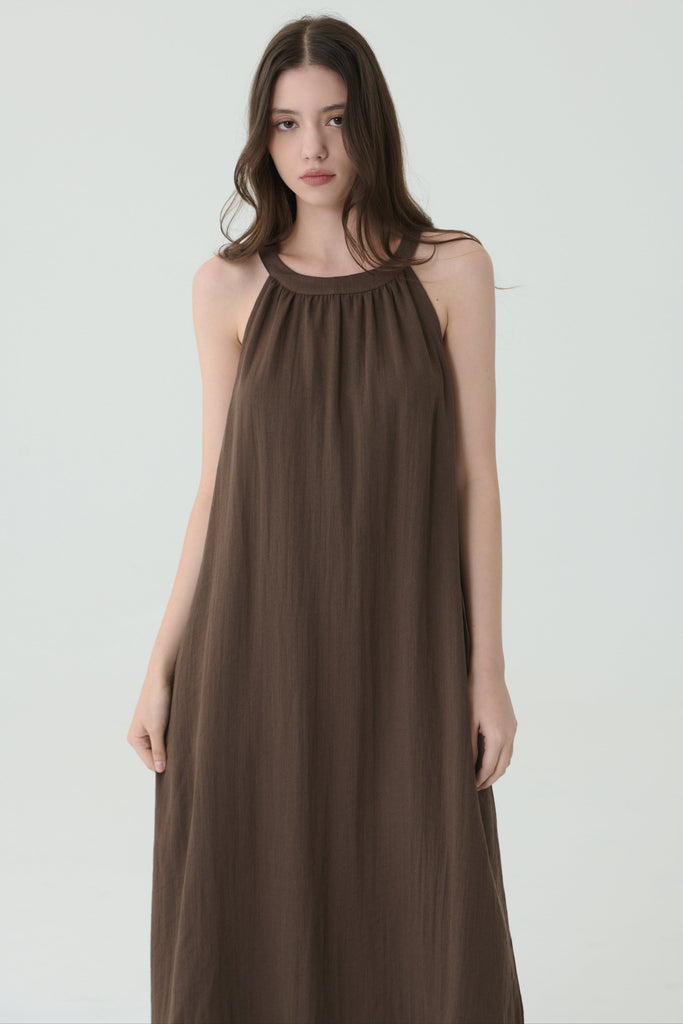 Angelina linen a line dress brown/Black