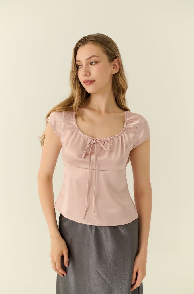 Square neck silk top in pink