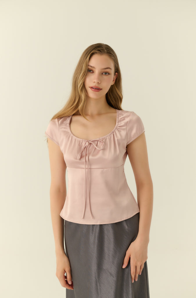 Square neck silk top in pink