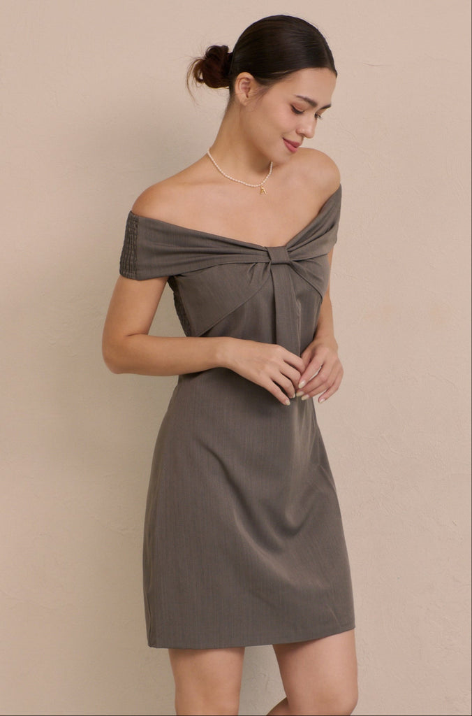 Aurora ribbon off shoulder mini dress in grey