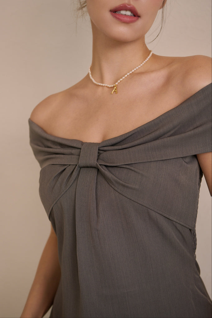 Aurora ribbon off shoulder mini dress in grey