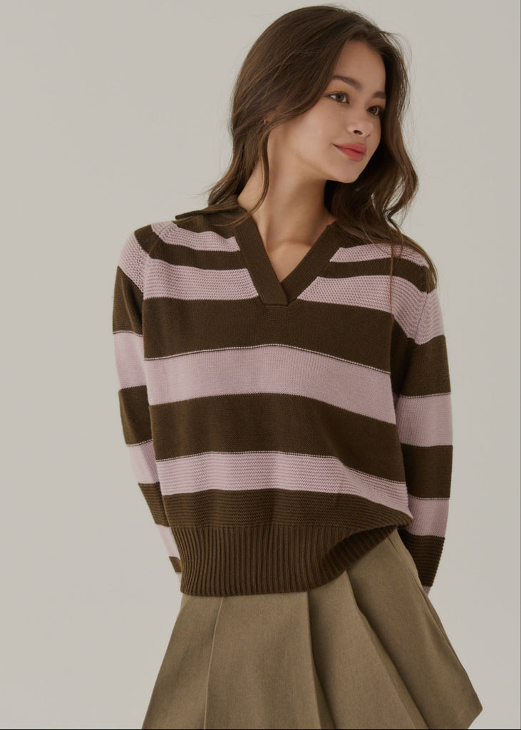 Fall vibe stripes polo knit top in brown
