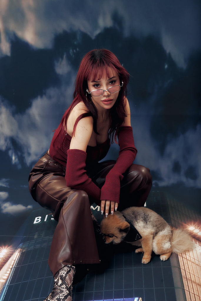 Midori x BisouBisou Gyaru Knitted Bra Top With Sleeves in red