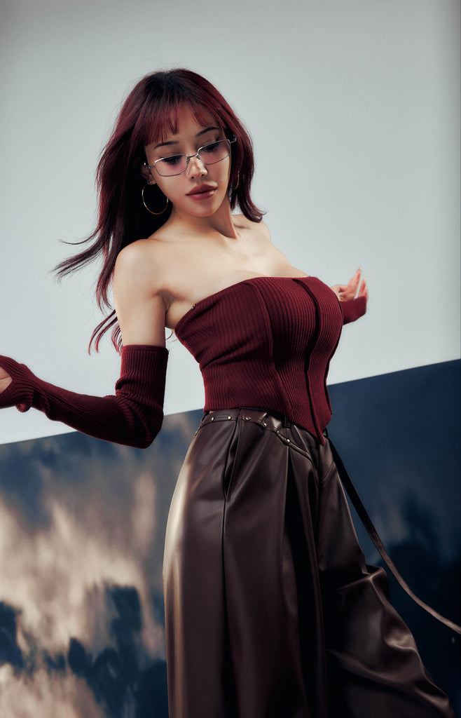 Midori x BisouBisou Gyaru Knitted Bra Top With Sleeves in red