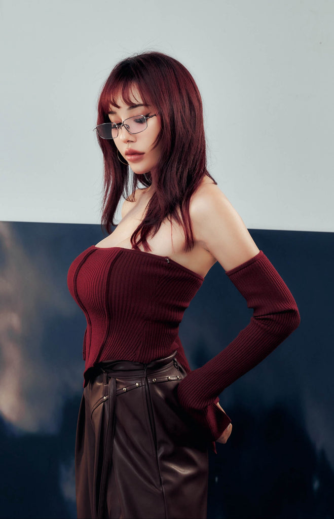 Midori x BisouBisou Gyaru Knitted Bra Top With Sleeves in red