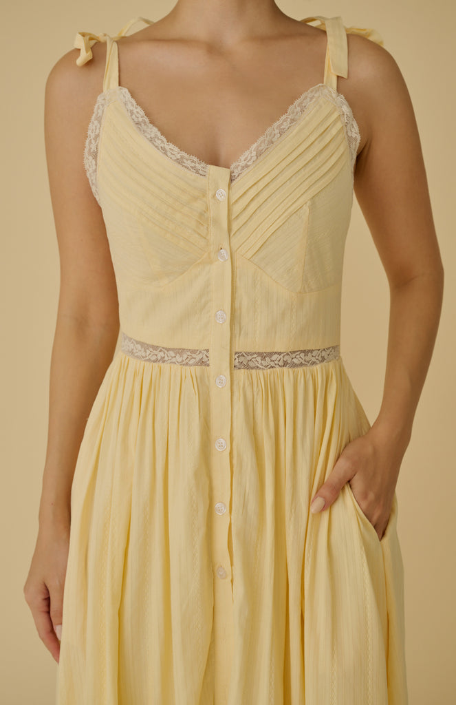 Detailed raffles lace trim maxi dress in yellow