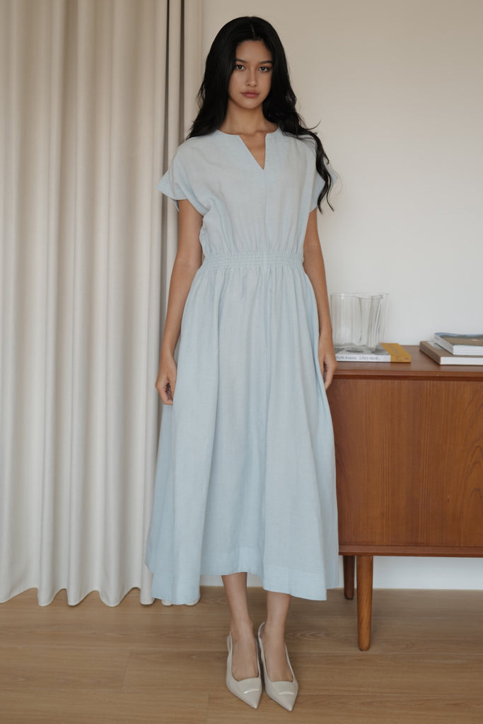 Camille elastic waist linen dress in sky blue (不追加)