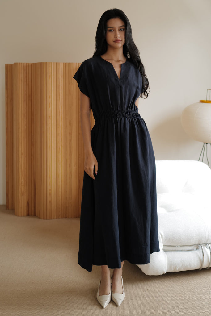 Camille elastic waist linen dress in navy blue (不追加)