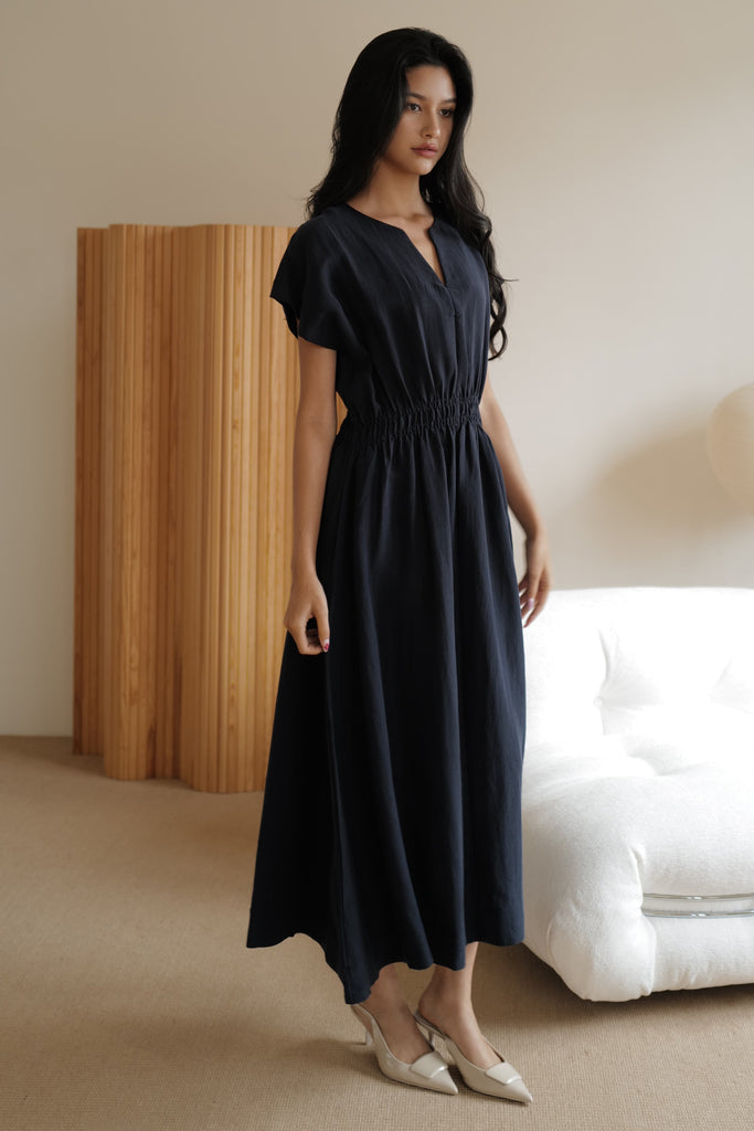 Camille elastic waist linen dress in navy blue (不追加)