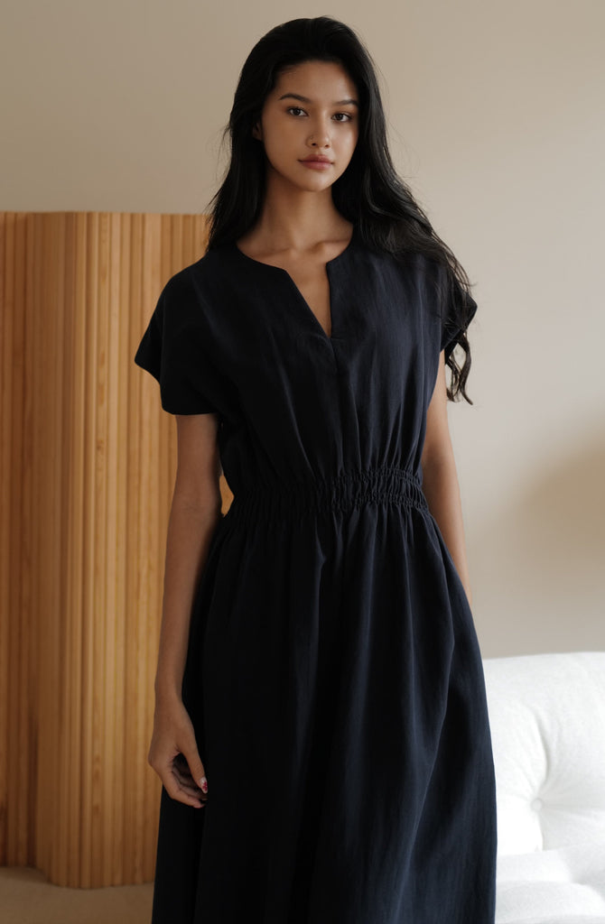 Camille elastic waist linen dress in navy blue (不追加)