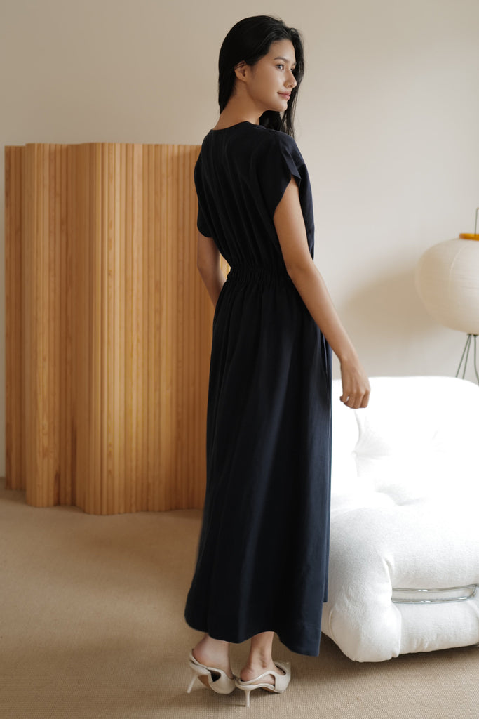 Camille elastic waist linen dress in navy blue (不追加)