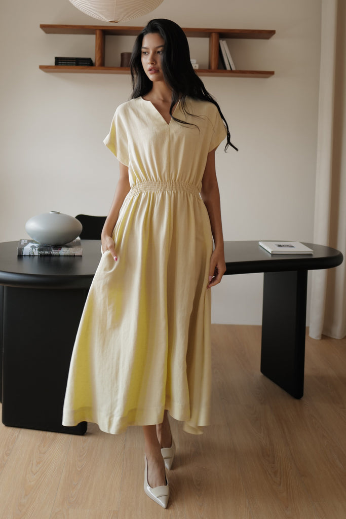 Camille elastic waist linen dress in butter yellow (不追加)