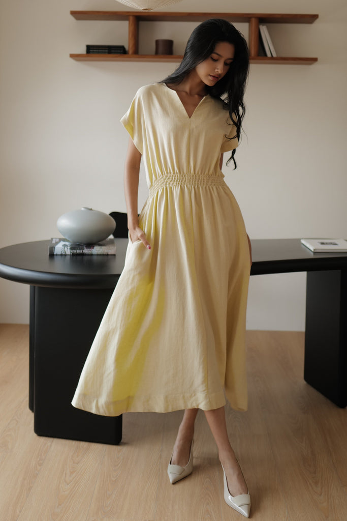 Camille elastic waist linen dress in butter yellow (不追加)