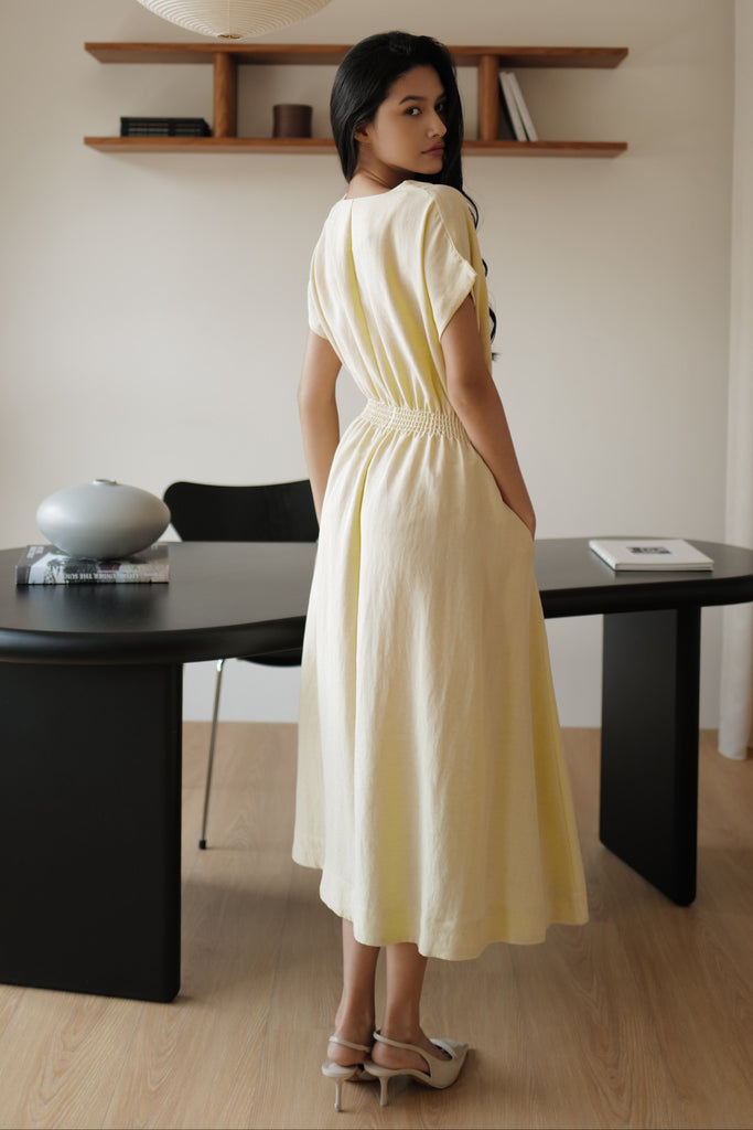 Camille elastic waist linen dress in butter yellow (不追加)