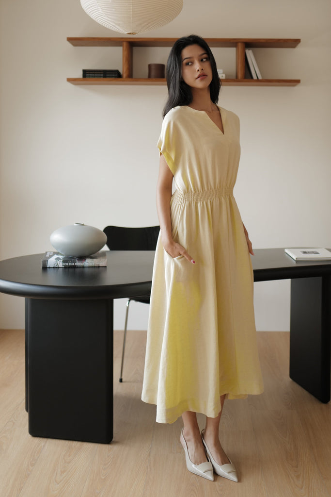 Camille elastic waist linen dress in butter yellow (不追加)