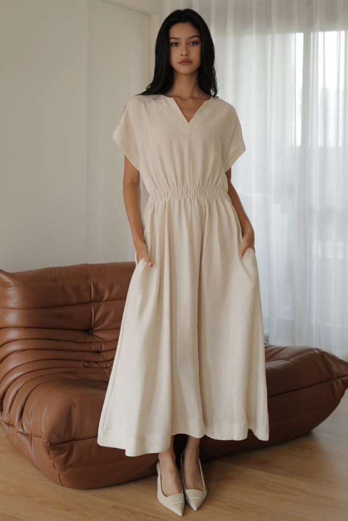 Camille elastic waist linen dress in beige (不追加)