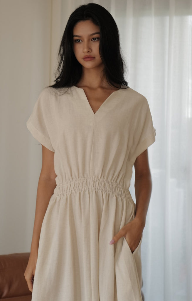 Camille elastic waist linen dress in beige (不追加)