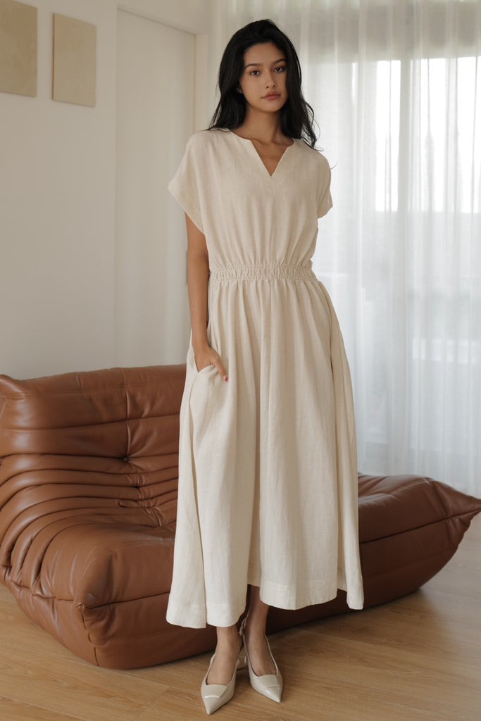 Camille elastic waist linen dress in beige (不追加)