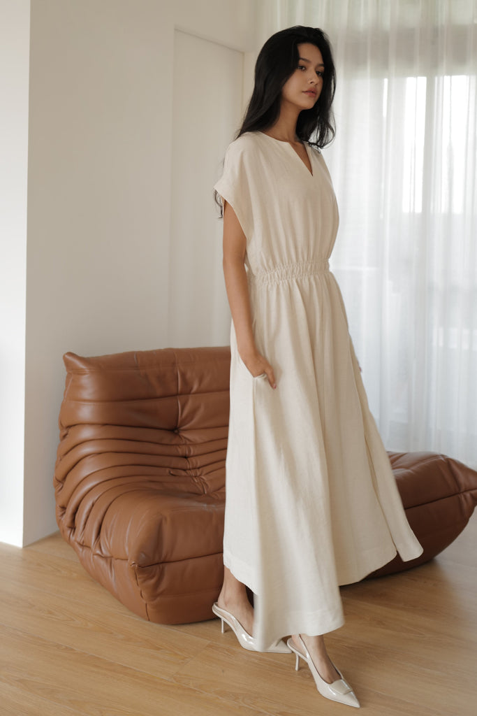 Camille elastic waist linen dress in beige (不追加)