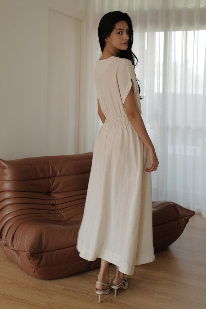 Camille elastic waist linen dress in beige (不追加)