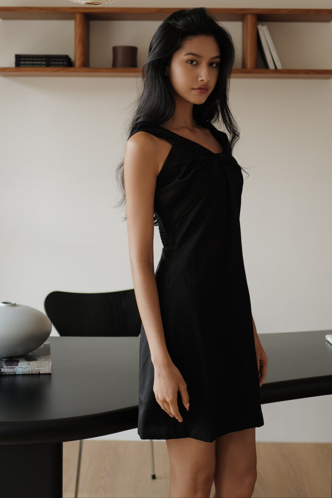 Aurora ribbon off shoulder mini dress in black