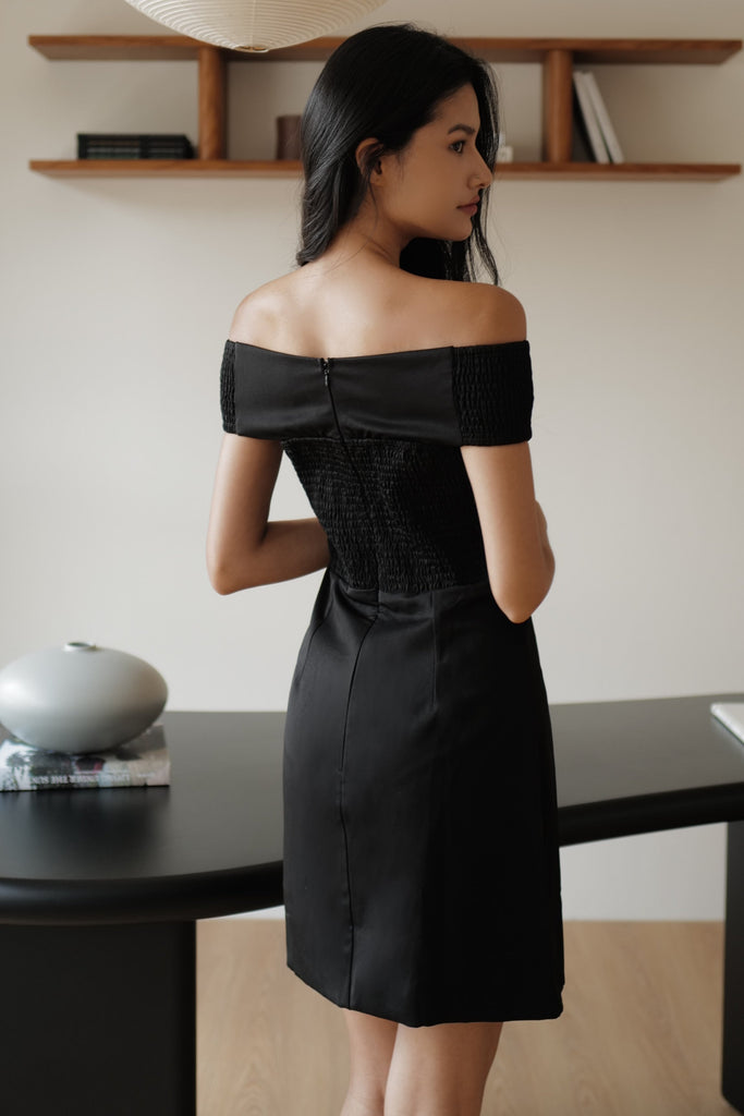 Aurora ribbon off shoulder mini dress in black