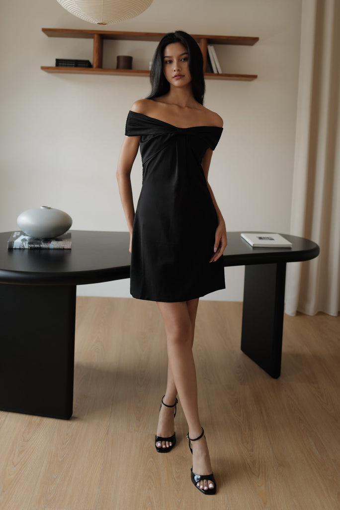 Aurora ribbon off shoulder mini dress in black