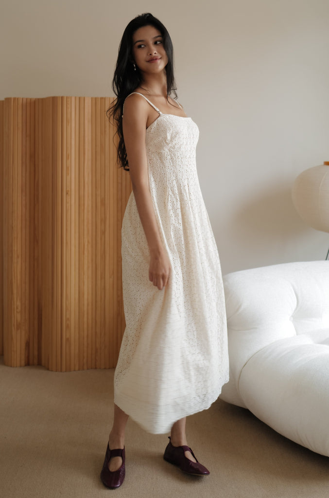 Cream floral hollow lace dress