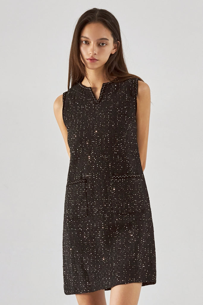 Midnight sequins tweed dress in black/white