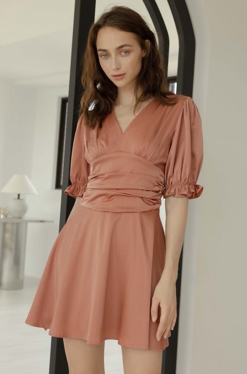 glorious glam silky ruching dress in coral pink
