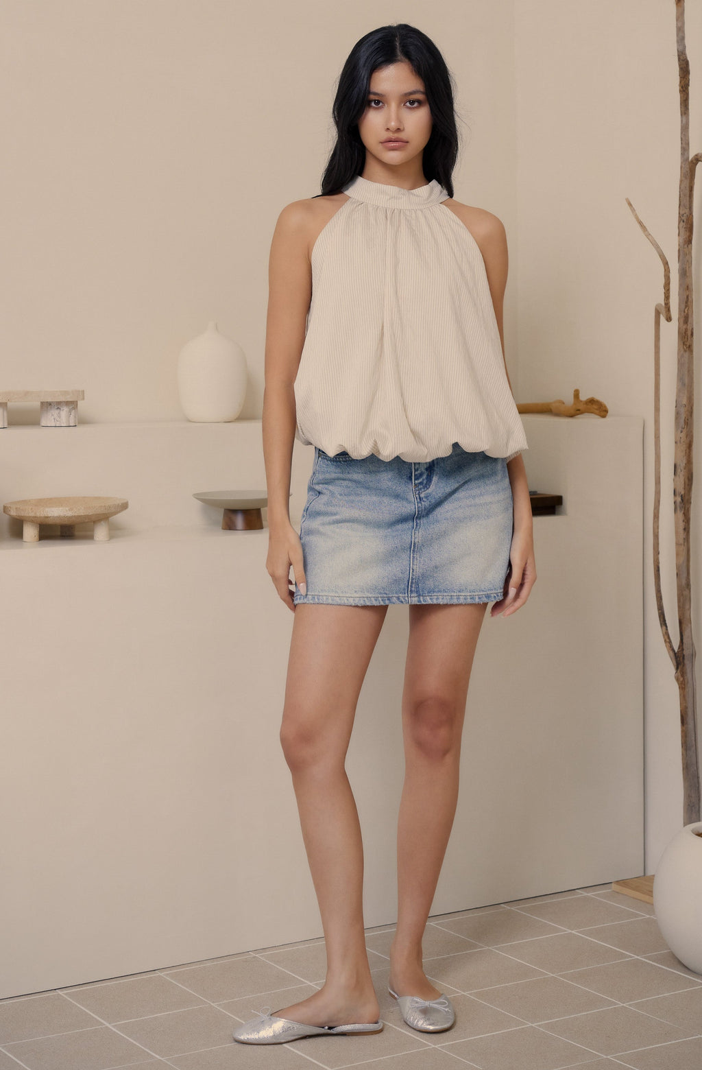 More than perfect bubble halter top in beige