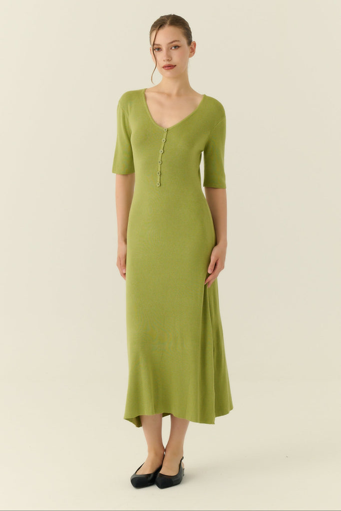 Soft touch button down knit dress in green