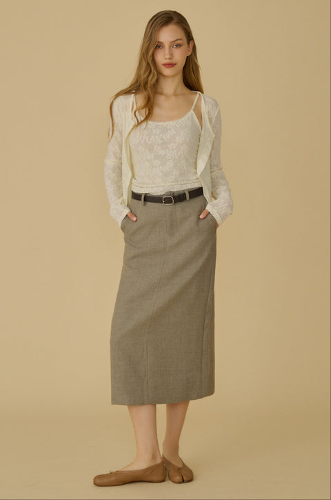 Finest look wool blend midi skirt with belt in beige