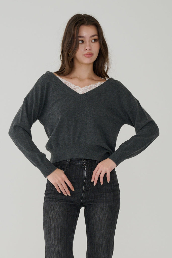 Double layered lace knit top in Black