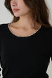 Pearl-Collar Knit Top Long Sleeves in Black