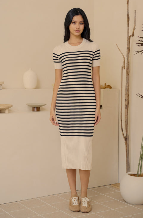 New women stripe knit dress in white