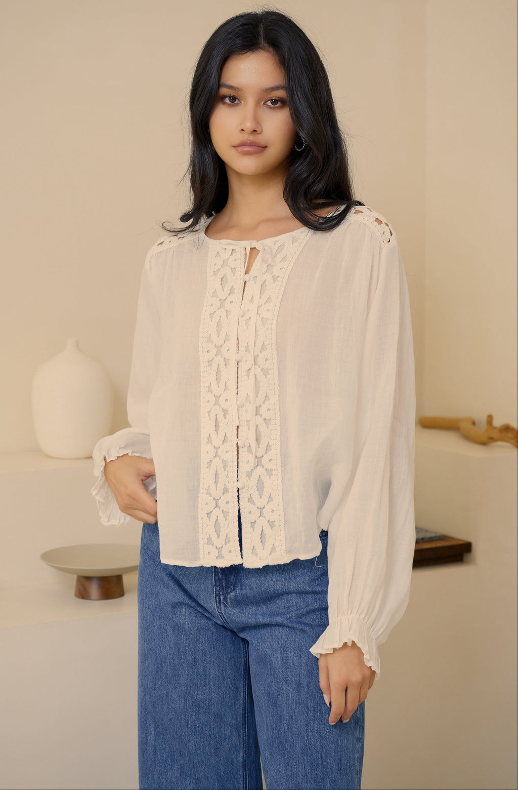 Lace up linen top