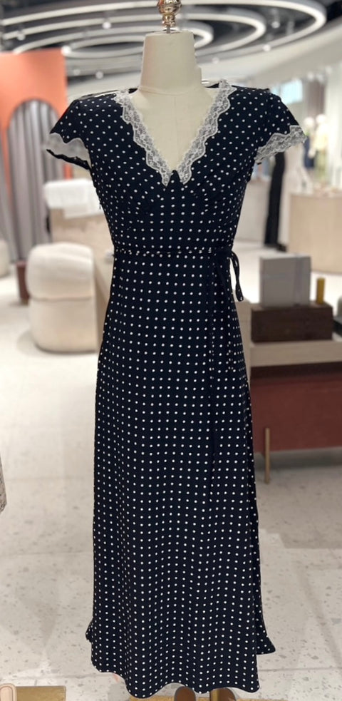 Provence lace polka dots dress in Blue
